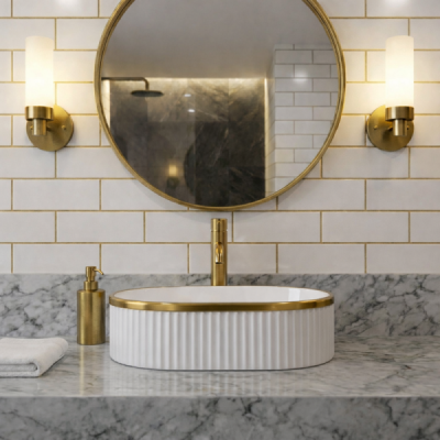 Vasque à poser ovale - 49 x 31 cm - Blanc brillant liseré or - ORIELA