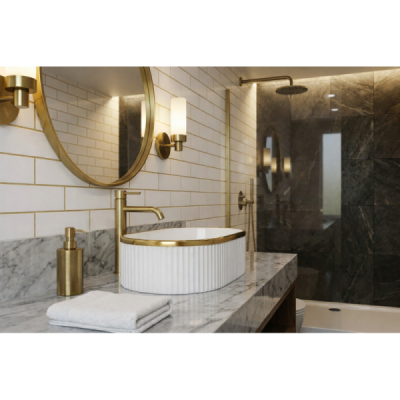 Vasque à poser ovale -49 x 31 cm -Blanc brillant liseré or -ORIELA