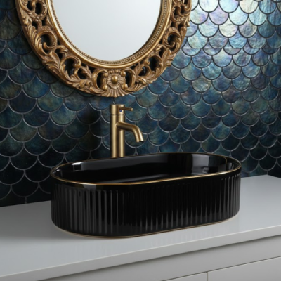 Vasque à poser ovale -49 x 31 cm -Noir brillant liseré or -ORIONA