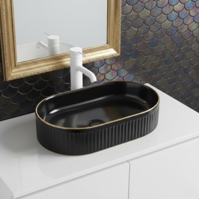 Vasque à poser ovale -49 x 31 cm -Noir brillant liseré or -ORIONA
