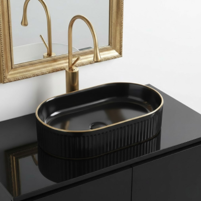Vasque à poser ovale -49 x 31 cm -Noir brillant liseré or -ORIONA