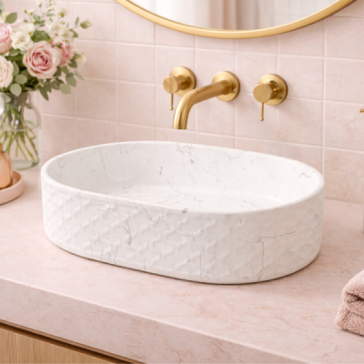 Vasque à poser ovale relief - 55 x 35 cm - Blanc mat marbre - SELIA