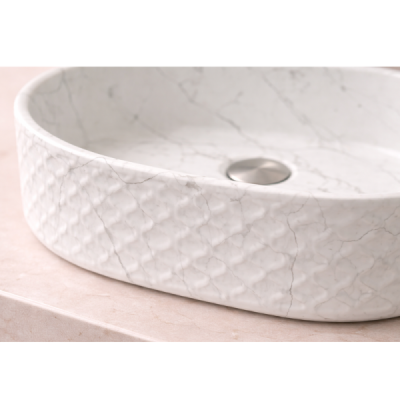 Vasque à poser ovale relief -55 x 35 cm -Blanc mat marbre -SELIA