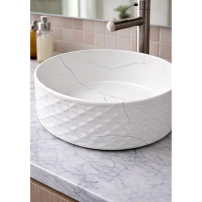 Vasque à poser ronde relief-38 x 38 cm -Blanc mat marbre -SELIA
