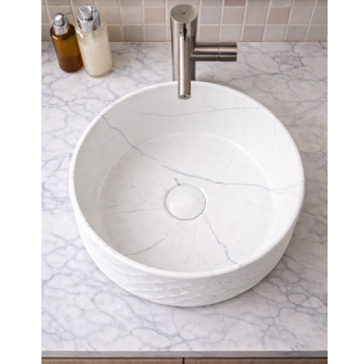 Vasque à poser ronde relief-38 x 38 cm -Blanc mat marbre -SELIA