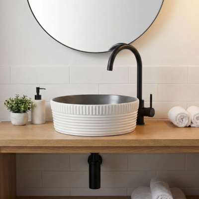 Vasque à poser ronde - 40 cm -Gris et blanc grainé rainurée - PERLA