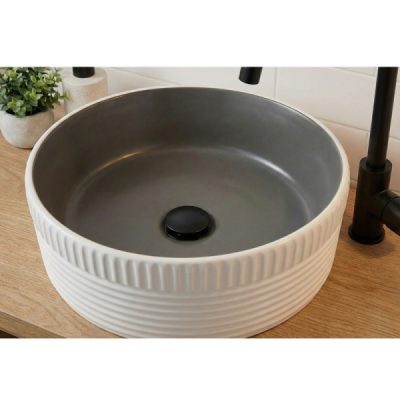 Vasque à poser ronde - 40 cm -Gris et blanc grainé rainurée - PERLA