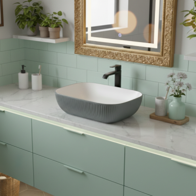 Vasque à poser rectangulaire -47 x 33,5 cm -Blanc et rainurée gris -SERENIA