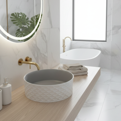 Vasque à poser ronde -38 cm -Gris et blanc grainé -LUCIA