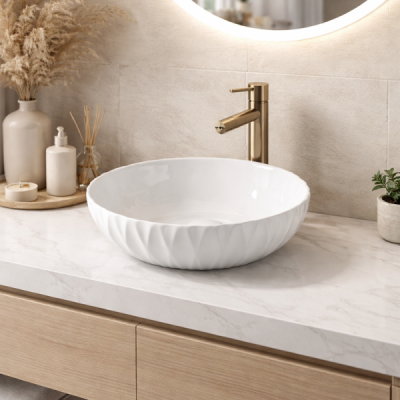 Vasque à poser ronde - 39,5 cm - Blanc brilllant géométrique -GIULIA