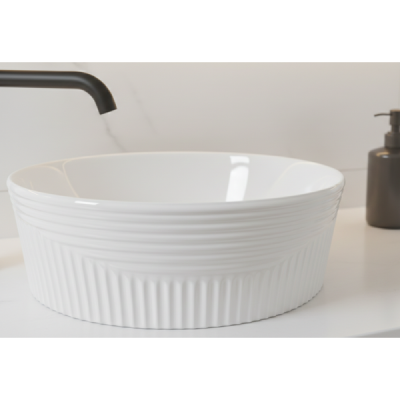 Vasque à poser ronde -40 cm -Blanc brillant rainurée -ELENA