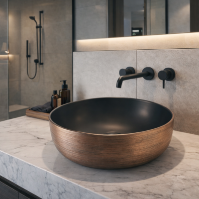 Vasque à poser ronde - 41,5 cm - Noir mat et doré texturé - COPRA