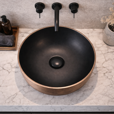 Vasque à poser ronde -41,5 cm -Noir mat et doré texturé -COPRA