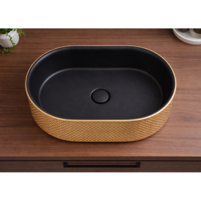 Vasque à poser ovale capsule -50 x 34 cm -Noir mat doré piqué -GOLDI