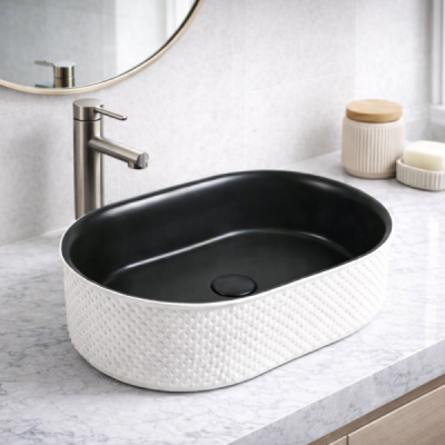 Vasque à poser ovale capsule - 50 x 34 cm - Noir mat blanc piqué - SASSO