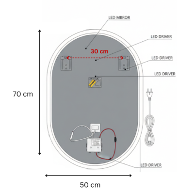 Miroir LED ovale - 50 x 70 cm - Éclairage LED en façade - OVALIA