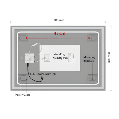 Miroir LED rectangulaire - 80 x 60 cm - Éclairage LED rétroéclairé - ORION