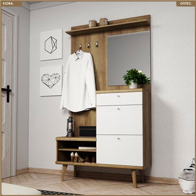 Meuble d’entrée complet - L.110 x H.200 x P.34 cm - FJORA