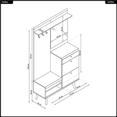 Meuble d’entrée complet - L.110 x H.200 x P.34 cm - FJORA