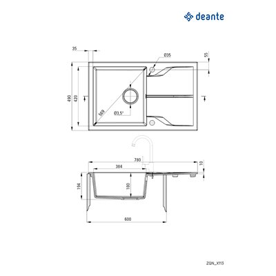 Évier en granit 1 cuve avec égouttoir standard ou compact - 59 x 49 x 19 - ANDANTE