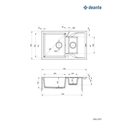 Évier en granit 1,5 cuve avec égouttoir - 78 x 49 x 19 - ANDANTE