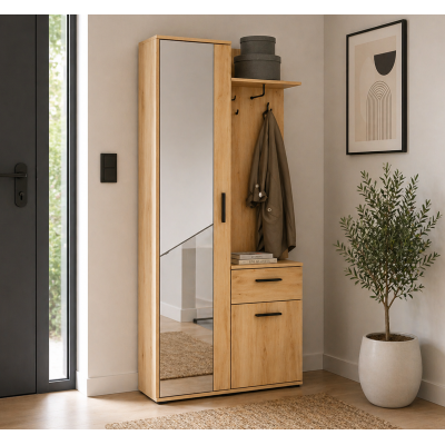 Meuble d’entrée complet - avec penderie, étagères chaussures et miroir - LUXA - Bois Clair