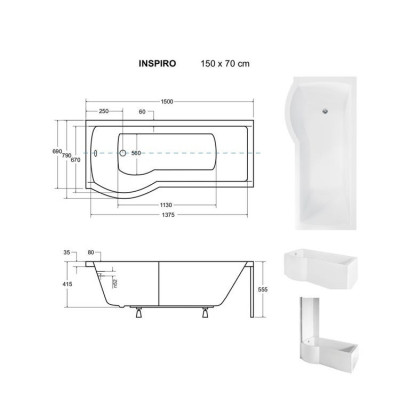 Baignoire asymétrique INSPIRO - 150 160 170 cm - Angle gauche ou droit