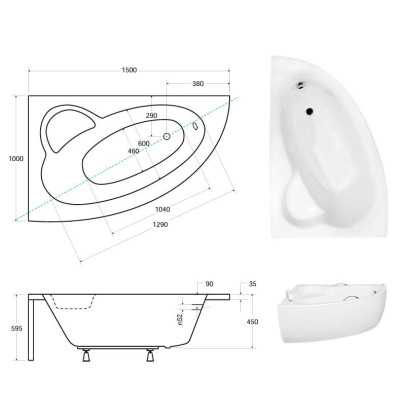 Baignoire rectangulaire NATALIA PREMIUM - 150 cm - Avec appui tête et poignées