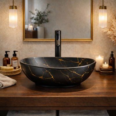 Vasque à poser ovale - 41 x 33 cm -Noir mat marbre -MARBELIA