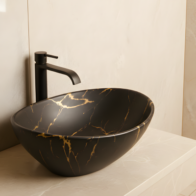 Vasque à poser ovale - 41 x 33 cm -Noir mat marbre -MARBELIA
