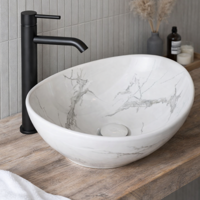 Vasque à poser ovale - 40 x 33 cm -Blanc brillant marbre -MARBELIA