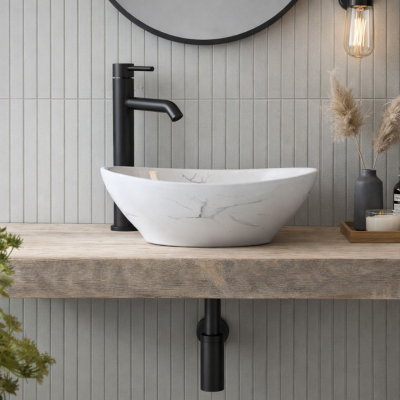 Vasque à poser ovale - 40 x 33 cm -Blanc brillant marbre -MARBELIA