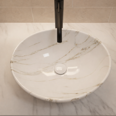 Vasque à poser ovale - 40 x 33 cm -Blanc brillant marbre -MARBELIA