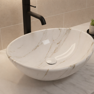 Vasque à poser ovale - 40 x 33 cm -Blanc brillant marbre -MARBELIA