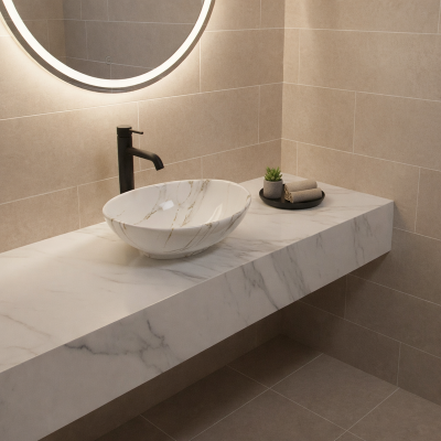 Vasque à poser ovale - 40 x 33 cm -Blanc brillant marbre -MARBELIA