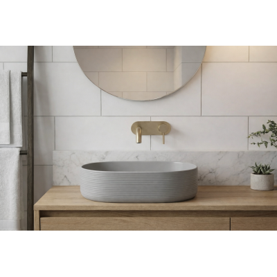 Vasque à poser ovale -60 x 38 cm -Marron et blanc rainuré -MIREA